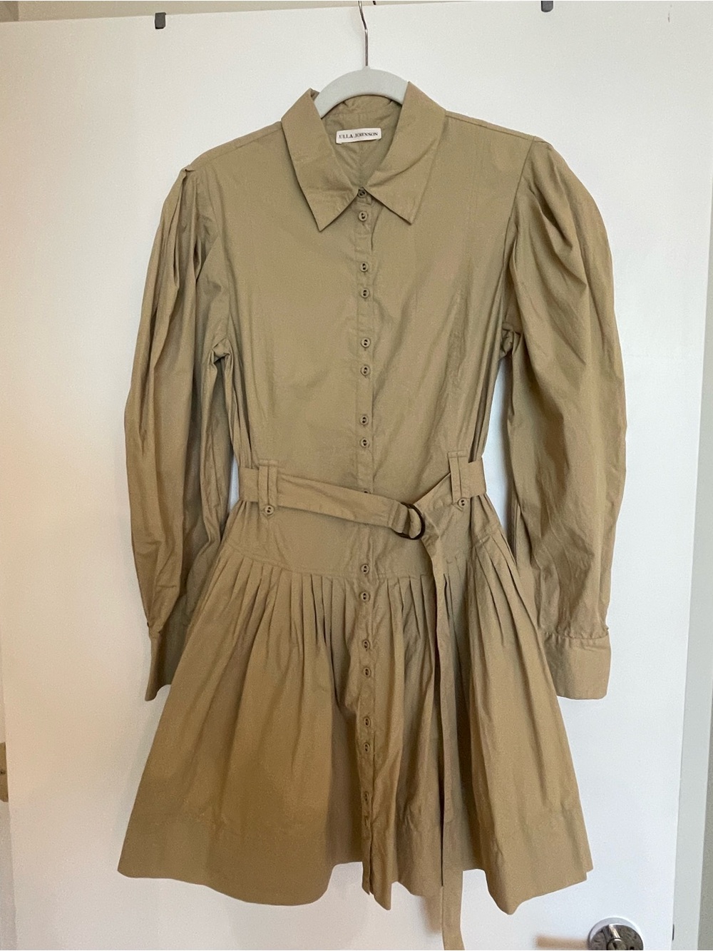 Ulla Johnson Khaki Button-Front Puff Sleeve Shirt Dress with Belt
